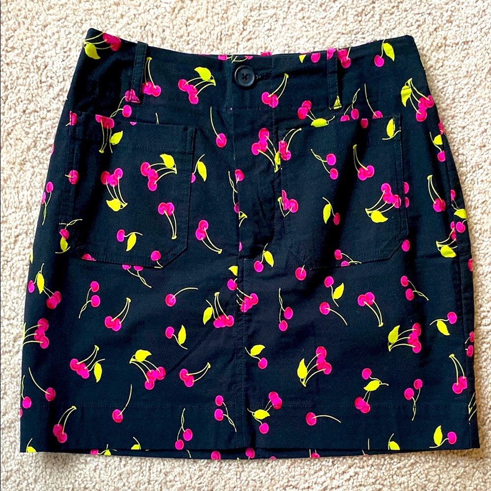 Anthropologie, Maeve, black and pink cherry print mini skirt, size small